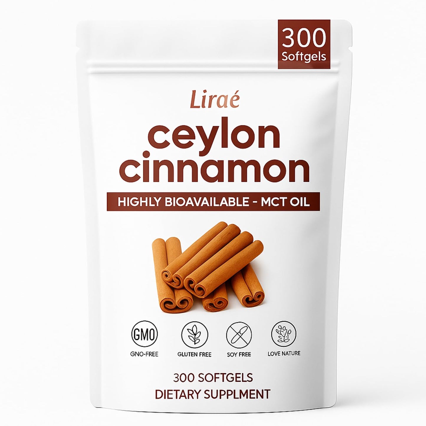 LIRAE Ceylon Cinnamon Softgels with MCT Oil – 300 Softgels – True Ceylon Cinnamon Supplement – Non-GMO, Gluten Free - dailyvitalstore