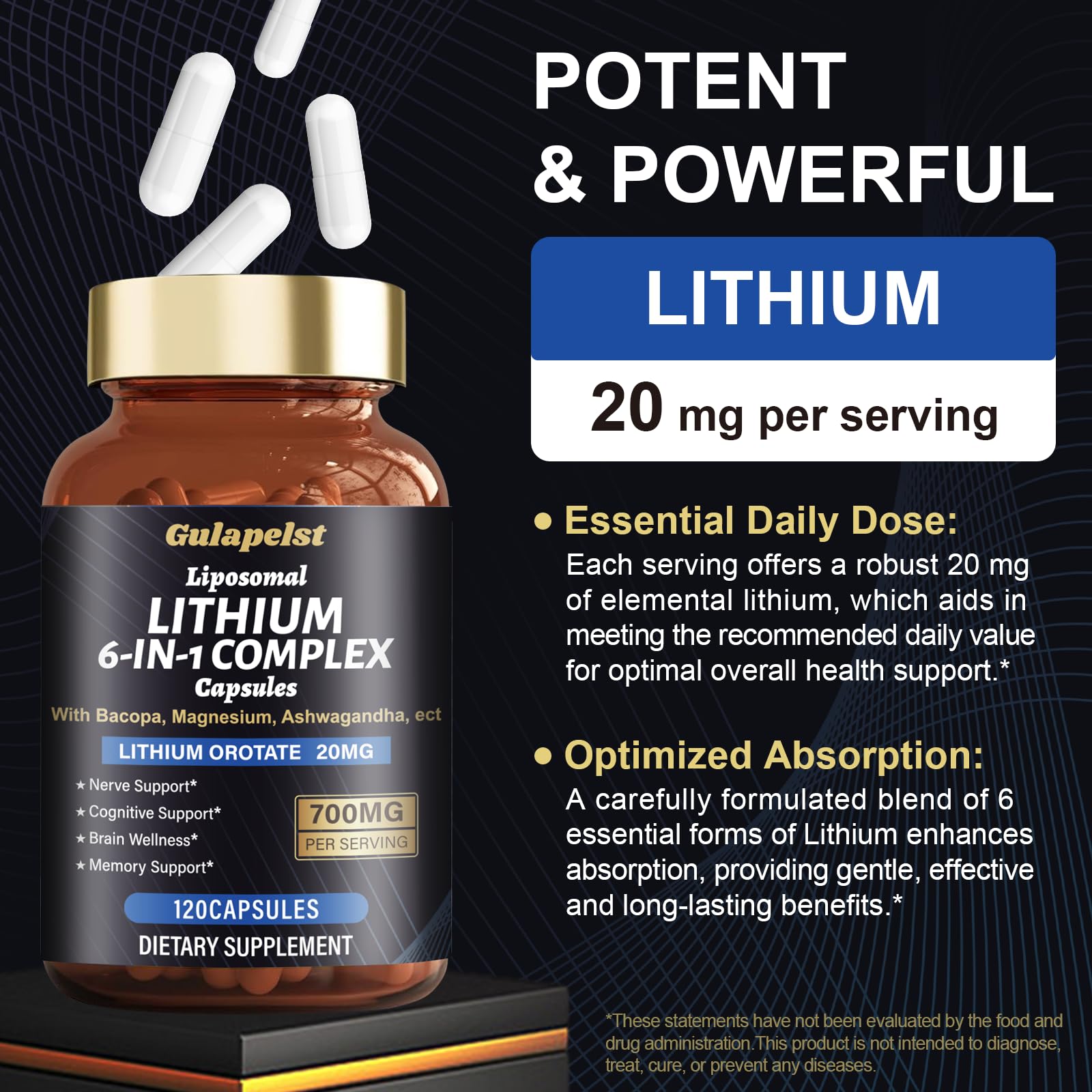 Lisopomal Lithium Orotate Complex Capsules, Lithium Orotate 20 mg, Magnesium Glycinate & Ashwagandha, Brain Health Supplements for Cognitive, Mood & Memory - dailyvitalstore