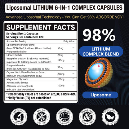 Lisopomal Lithium Orotate Complex Capsules, Lithium Orotate 20 mg, Magnesium Glycinate & Ashwagandha, Brain Health Supplements for Cognitive, Mood & Memory - dailyvitalstore