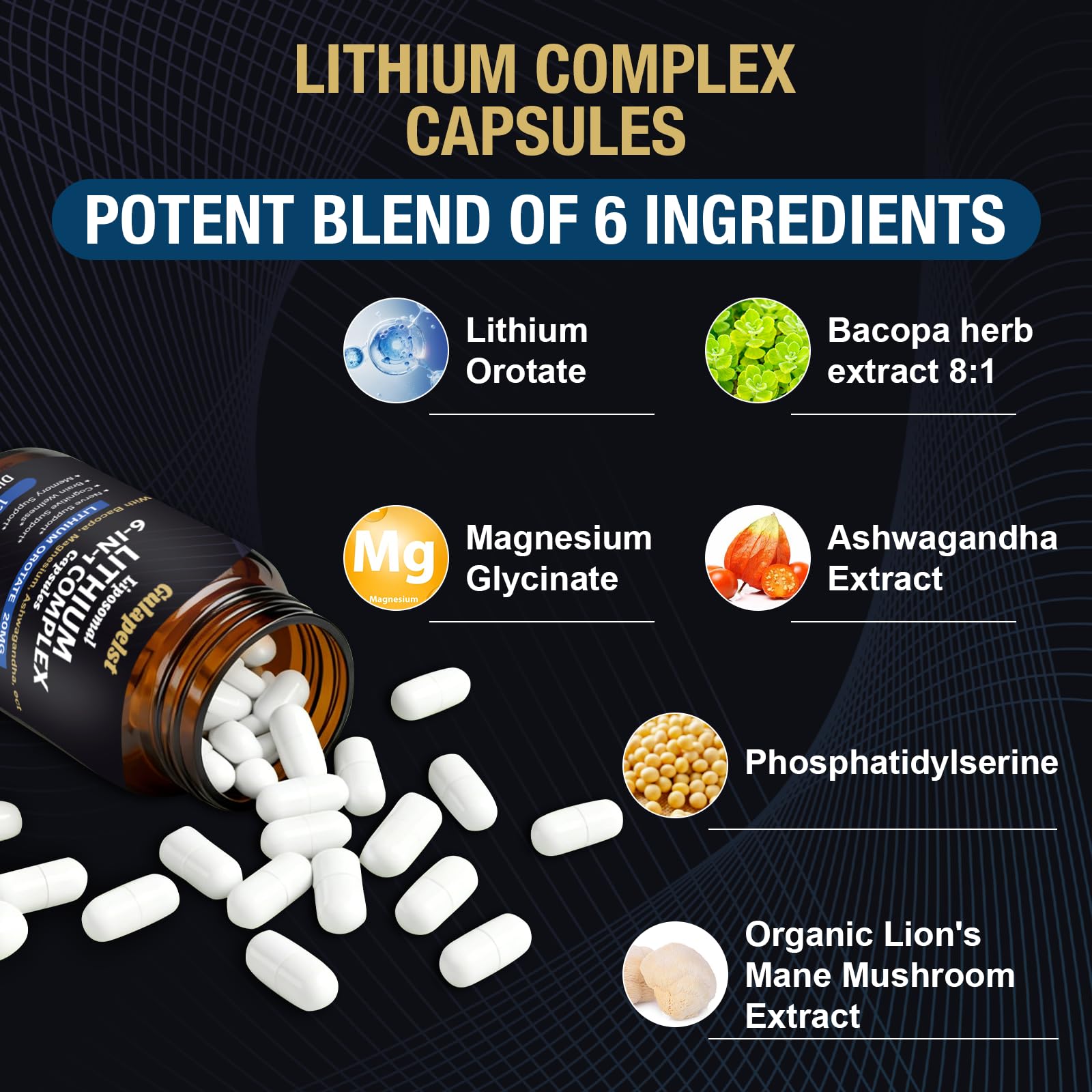 Lisopomal Lithium Orotate Complex Capsules, Lithium Orotate 20 mg, Magnesium Glycinate & Ashwagandha, Brain Health Supplements for Cognitive, Mood & Memory - dailyvitalstore