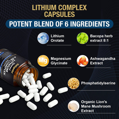 Lisopomal Lithium Orotate Complex Capsules, Lithium Orotate 20 mg, Magnesium Glycinate & Ashwagandha, Brain Health Supplements for Cognitive, Mood & Memory - dailyvitalstore