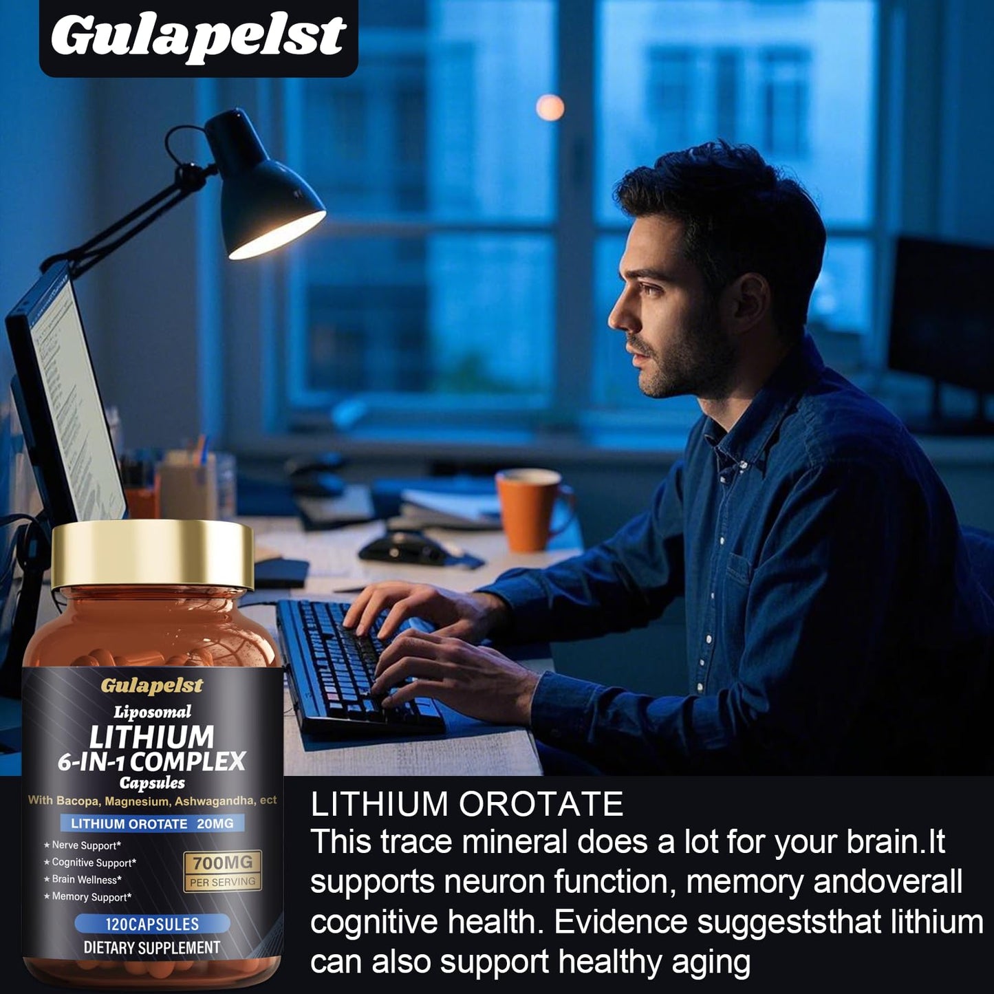 Lisopomal Lithium Orotate Complex Capsules, Lithium Orotate 20 mg, Magnesium Glycinate & Ashwagandha, Brain Health Supplements for Cognitive, Mood & Memory - dailyvitalstore