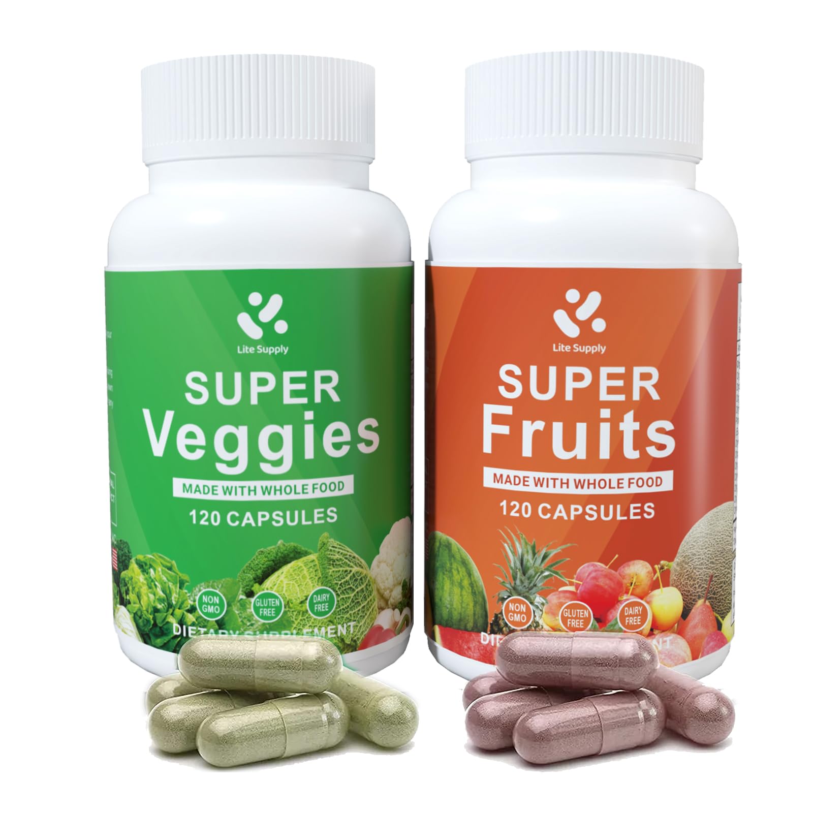 Lite Supply Fruits and Veggies Supplement 240 Caps - 120 Fruit and 120 Veggie Capsules - Whole Food & Natural Superfood Filled with Vitamins & Minerals for Women, Men Supports Energy Levels - dailyvitalstore