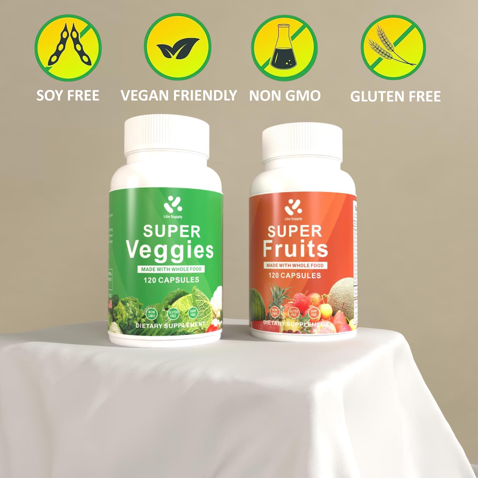 Lite Supply Fruits and Veggies Supplement 240 Caps - 120 Fruit and 120 Veggie Capsules - Whole Food & Natural Superfood Filled with Vitamins & Minerals for Women, Men Supports Energy Levels - dailyvitalstore