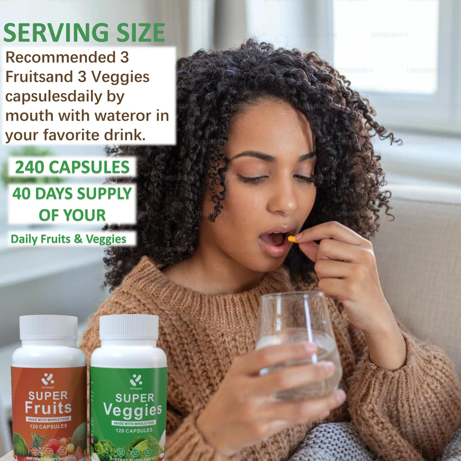 Lite Supply Fruits and Veggies Supplement 240 Caps - 120 Fruit and 120 Veggie Capsules - Whole Food & Natural Superfood Filled with Vitamins & Minerals for Women, Men Supports Energy Levels - dailyvitalstore