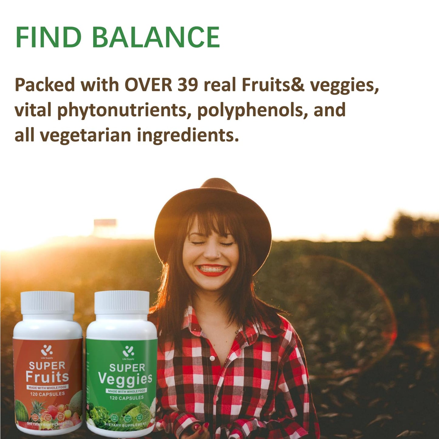 Lite Supply Fruits and Veggies Supplement 240 Caps - 120 Fruit and 120 Veggie Capsules - Whole Food & Natural Superfood Filled with Vitamins & Minerals for Women, Men Supports Energy Levels - dailyvitalstore
