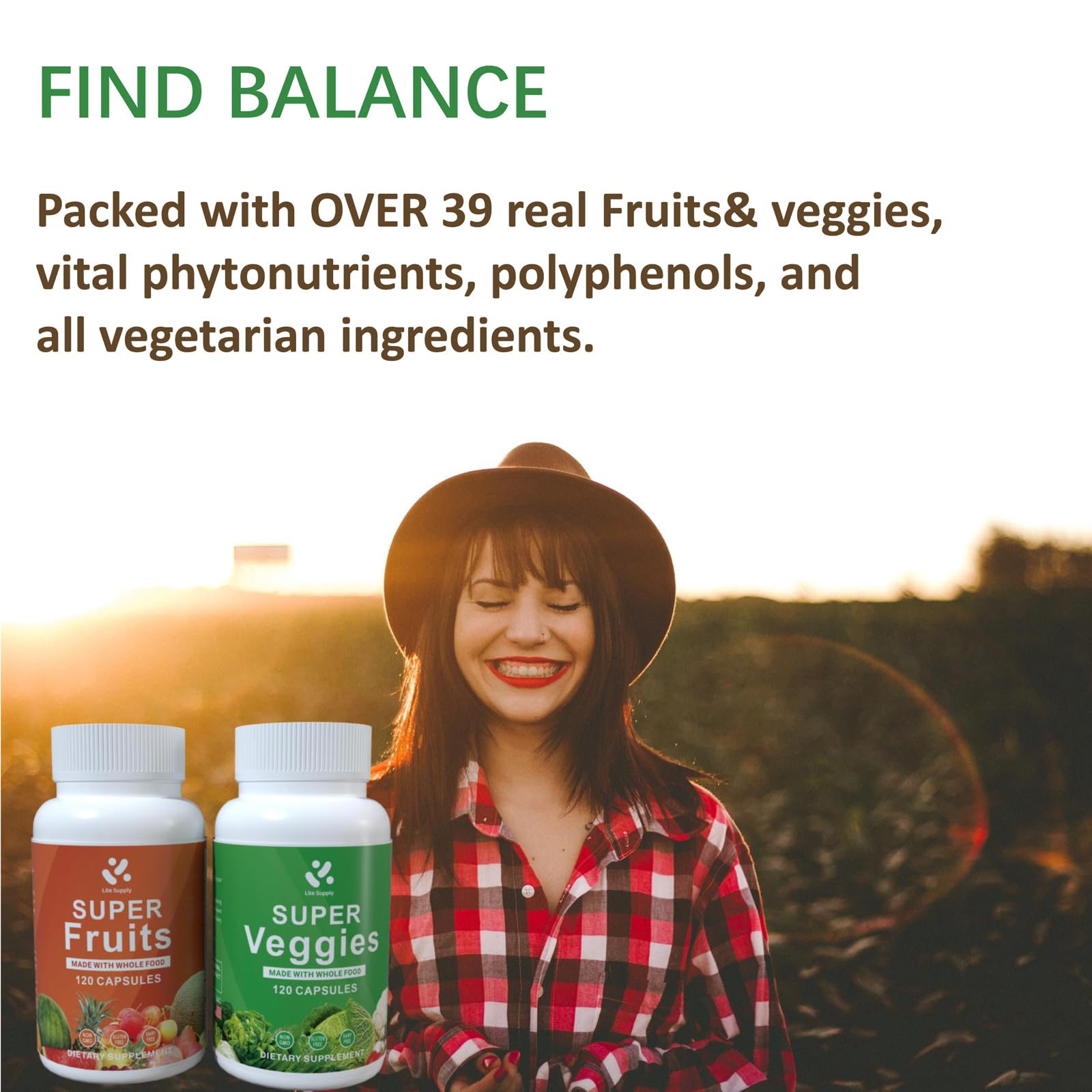 Lite Supply Fruits and Veggies Supplement 240 Caps - 120 Fruit and 120 Veggie Capsules - Whole Food & Natural Superfood Filled with Vitamins & Minerals for Women, Men Supports Energy Levels - dailyvitalstore