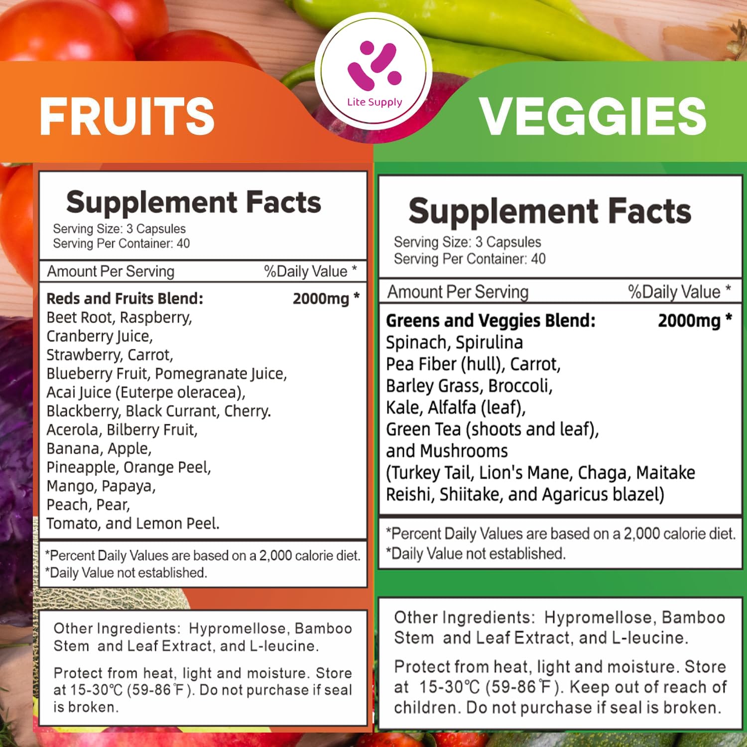 Lite Supply Fruits and Veggies Supplement 240 Caps - 120 Fruit and 120 Veggie Capsules - Whole Food & Natural Superfood Filled with Vitamins & Minerals for Women, Men Supports Energy Levels - dailyvitalstore