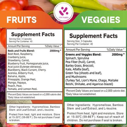 Lite Supply Fruits and Veggies Supplement 240 Caps - 120 Fruit and 120 Veggie Capsules - Whole Food & Natural Superfood Filled with Vitamins & Minerals for Women, Men Supports Energy Levels - dailyvitalstore