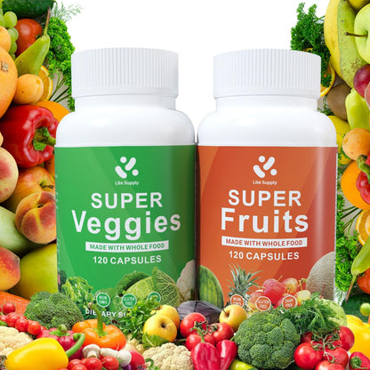 Lite Supply Fruits and Veggies Supplement 240 Caps - 120 Fruit and 120 Veggie Capsules - Whole Food & Natural Superfood Filled with Vitamins & Minerals for Women, Men Supports Energy Levels - dailyvitalstore