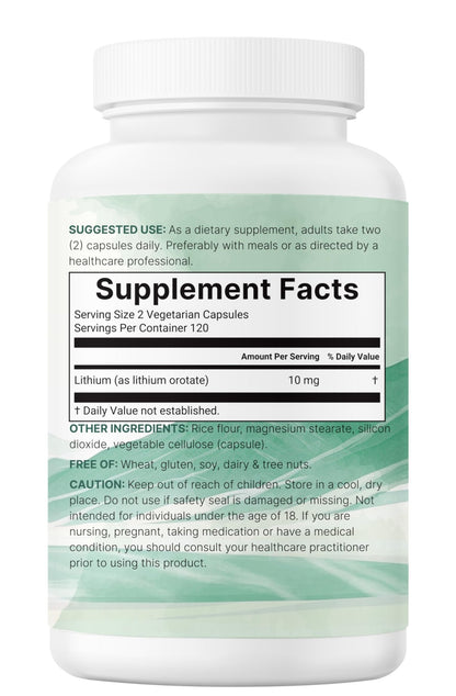 Lithium Orotate 10mg, 240 Veggie Capsules | 5mg Per Capsules | High Bioavailability Trace Mineral | Healthy Aging, Brain Supplement - dailyvitalstore