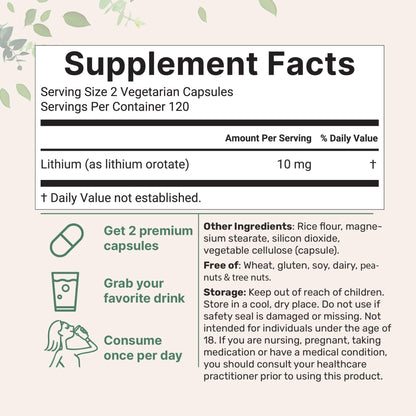 Lithium Orotate 10mg, 240 Veggie Capsules | 5mg Per Capsules | High Bioavailability Trace Mineral | Healthy Aging, Brain Supplement - dailyvitalstore