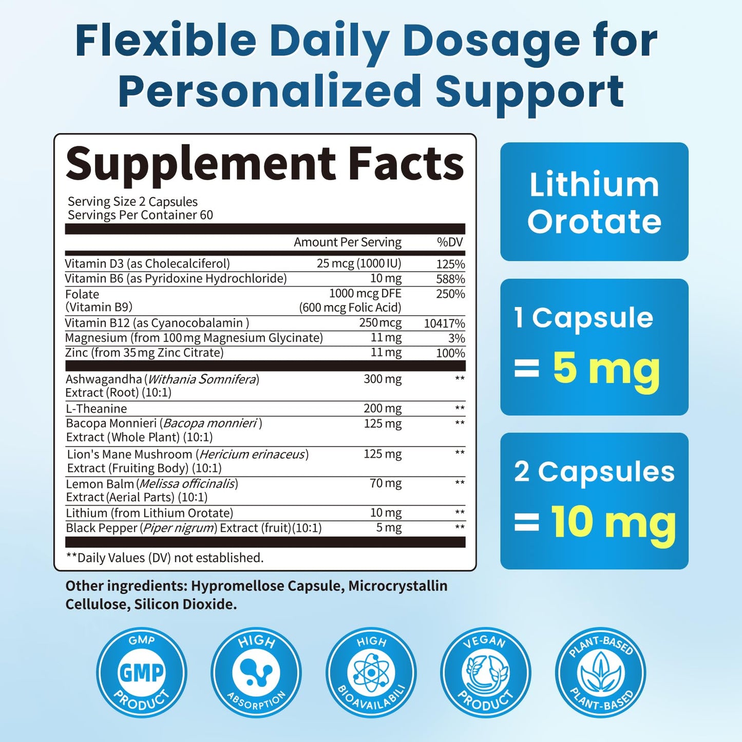 Lithium Orotate 5/10mg, L-Theanine 200mg, Ashwagandha 300mg - Mood Focus Memory Brain Supplements with Bacopa Monnieri, Lion’s Mane, Magnesium, Zinc D3 B6 Folate B12 - dailyvitalstore