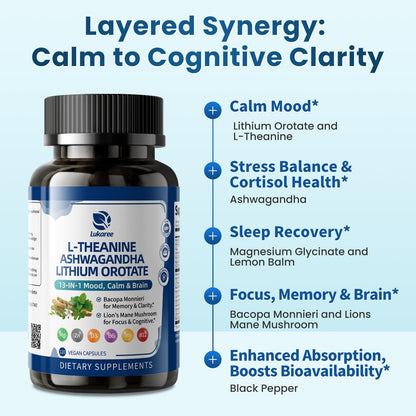 Lithium Orotate 5/10mg, L-Theanine 200mg, Ashwagandha 300mg - Mood Focus Memory Brain Supplements with Bacopa Monnieri, Lion’s Mane, Magnesium, Zinc D3 B6 Folate B12 - dailyvitalstore