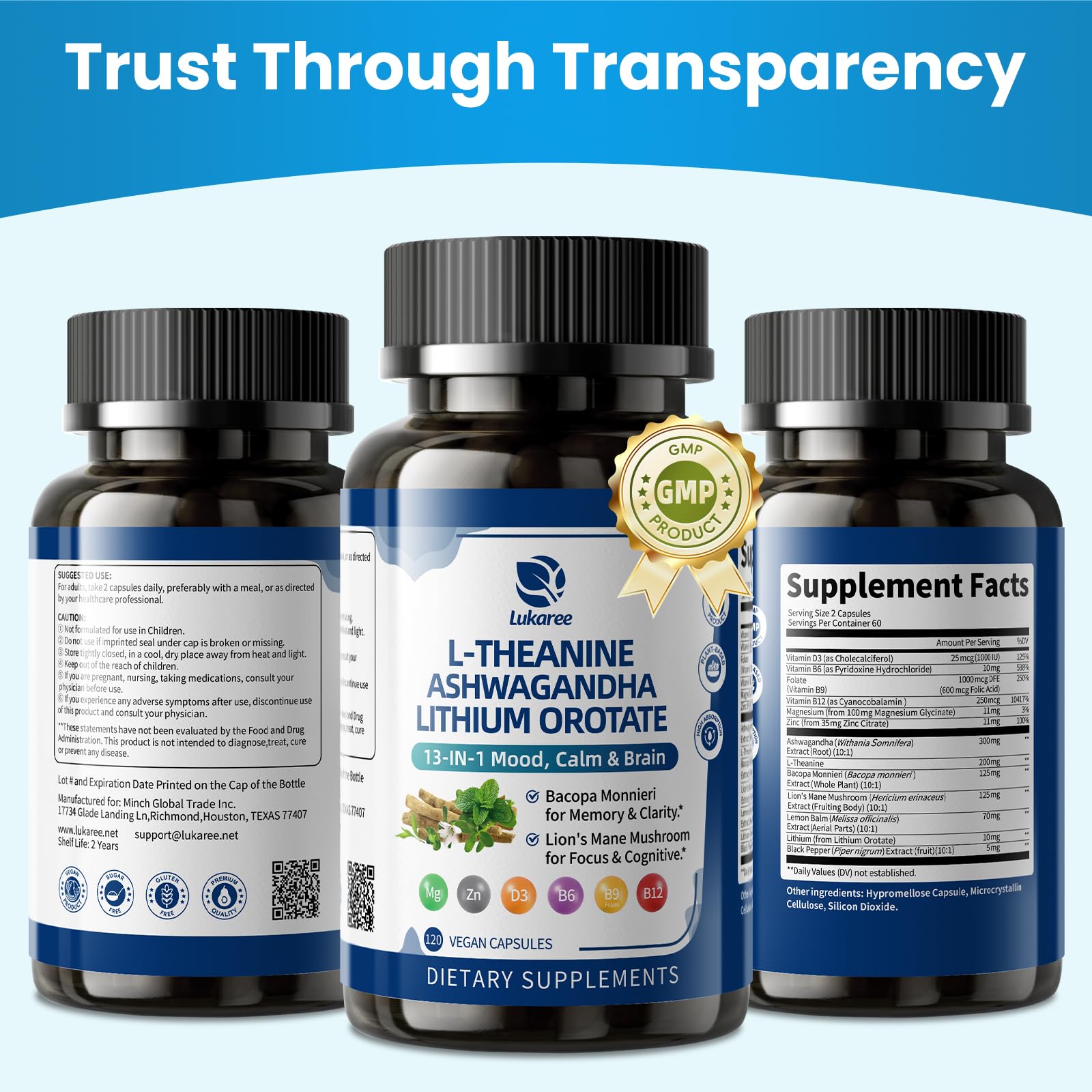Lithium Orotate 5/10mg, L-Theanine 200mg, Ashwagandha 300mg - Mood Focus Memory Brain Supplements with Bacopa Monnieri, Lion’s Mane, Magnesium, Zinc D3 B6 Folate B12 - dailyvitalstore