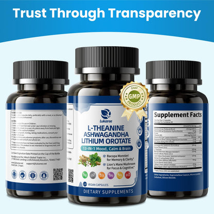 Lithium Orotate 5/10mg, L-Theanine 200mg, Ashwagandha 300mg - Mood Focus Memory Brain Supplements with Bacopa Monnieri, Lion’s Mane, Magnesium, Zinc D3 B6 Folate B12 - dailyvitalstore