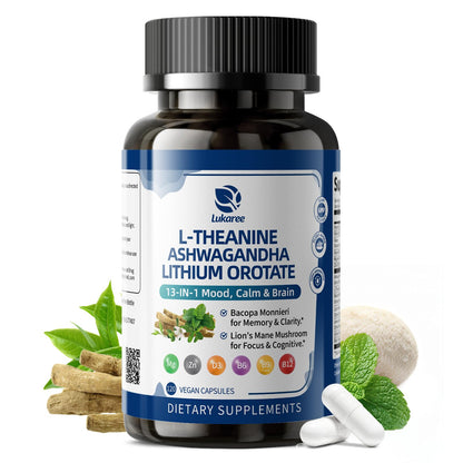 Lithium Orotate 5/10mg, L-Theanine 200mg, Ashwagandha 300mg - Mood Focus Memory Brain Supplements with Bacopa Monnieri, Lion’s Mane, Magnesium, Zinc D3 B6 Folate B12 - dailyvitalstore