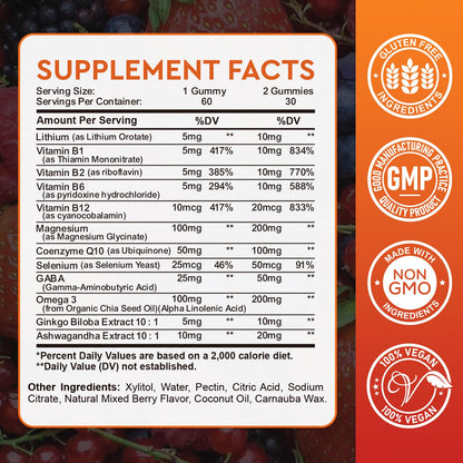 Lithium Orotate 5mg 10mg Gummies Lithium Supplements with Vitamin B, Magnesium & Selenium for Mood Support, Stress Relief, Brain Health, Non-GMO, Vegan, Gluten Free - dailyvitalstore