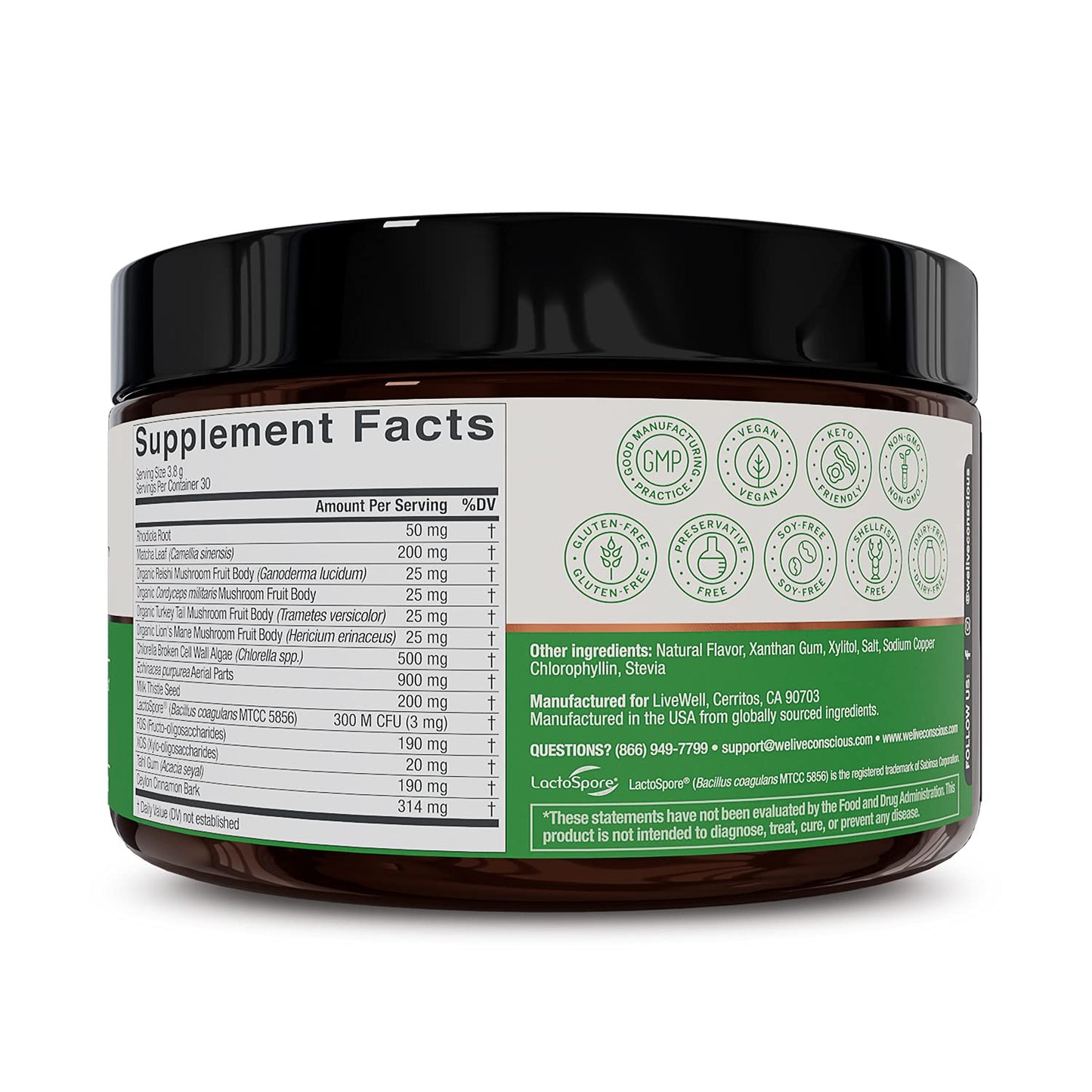 Live Conscious Beyond Greens Concentrated Superfood Powder - Matcha Flavor w/Chlorella, Echinacea, Probiotics for Immune Support & Energy - 30 Servings (2-Pack) - dailyvitalstore