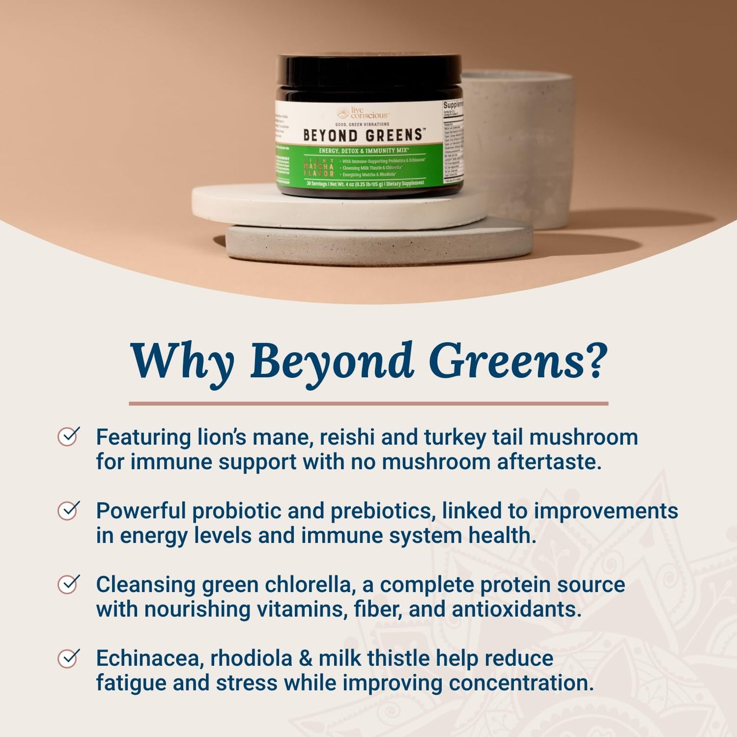 Live Conscious Beyond Greens Concentrated Superfood Powder - Matcha Flavor w/Chlorella, Echinacea, Probiotics for Immune Support & Energy - 30 Servings (2-Pack) - dailyvitalstore