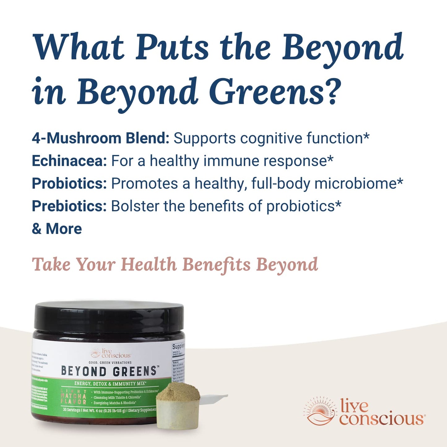 Live Conscious Beyond Greens Concentrated Superfood Powder - Matcha Flavor w/Chlorella, Echinacea, Probiotics for Immune Support & Energy - 30 Servings (2-Pack) - dailyvitalstore