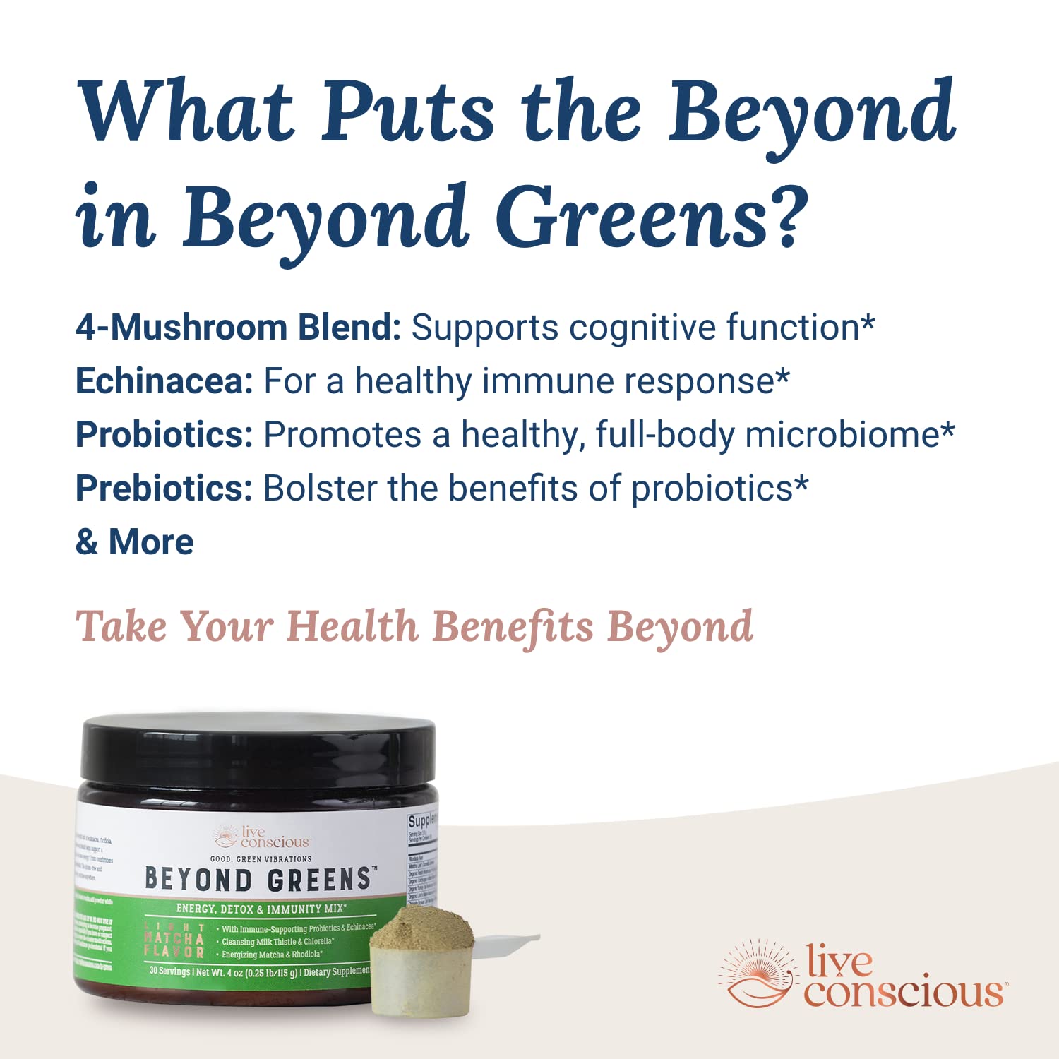 Live Conscious Beyond Greens Concentrated Superfood Powder - Matcha Flavor w/Chlorella, Echinacea, Probiotics for Immune Support & Energy - 30 Servings (2-Pack) - dailyvitalstore