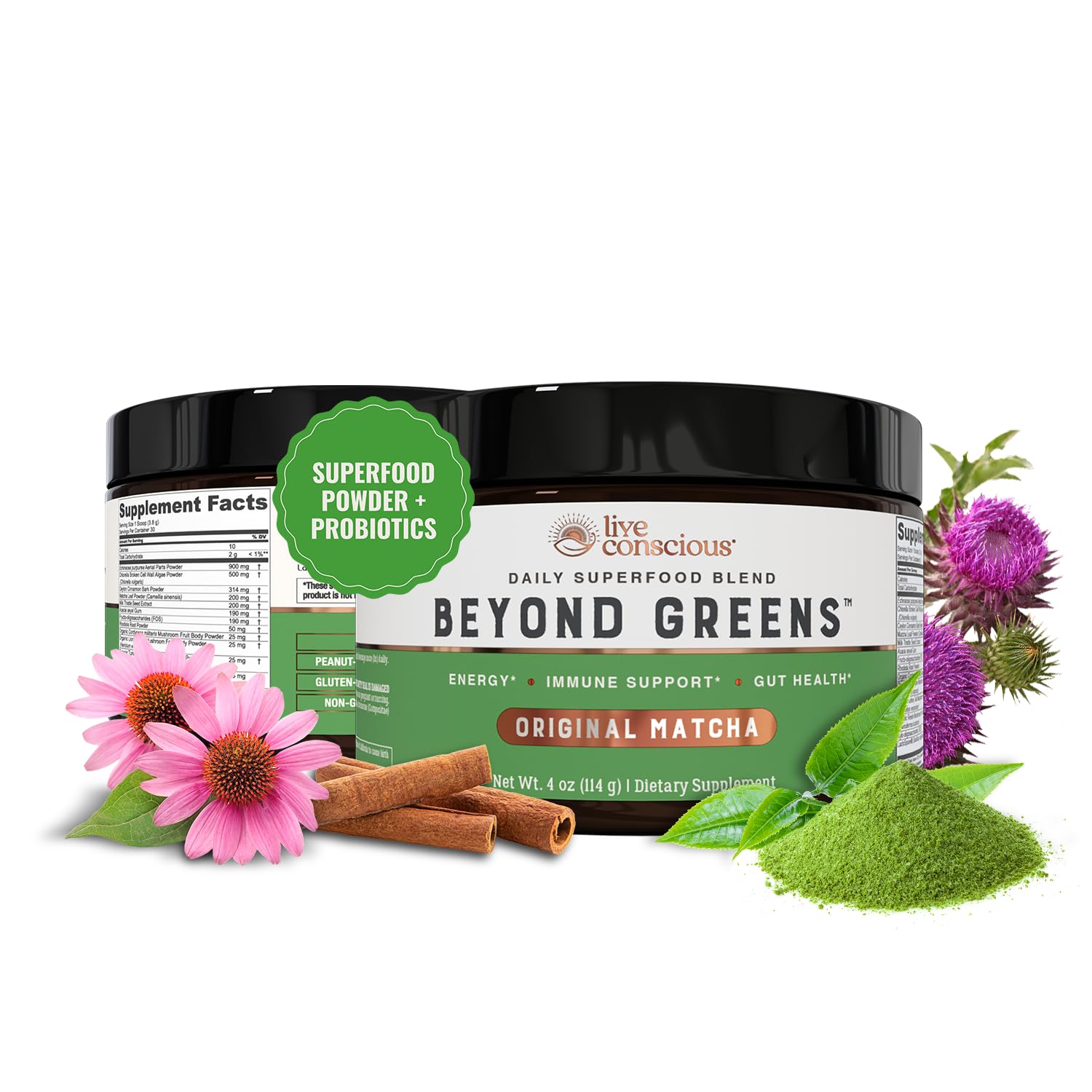 Live Conscious Beyond Greens Superfood Powder - Delicious Debloating Super Greens Powder - Matcha Greens Blend w/Chlorella, Echinacea, Probiotics for Immune Support & Energy - dailyvitalstore
