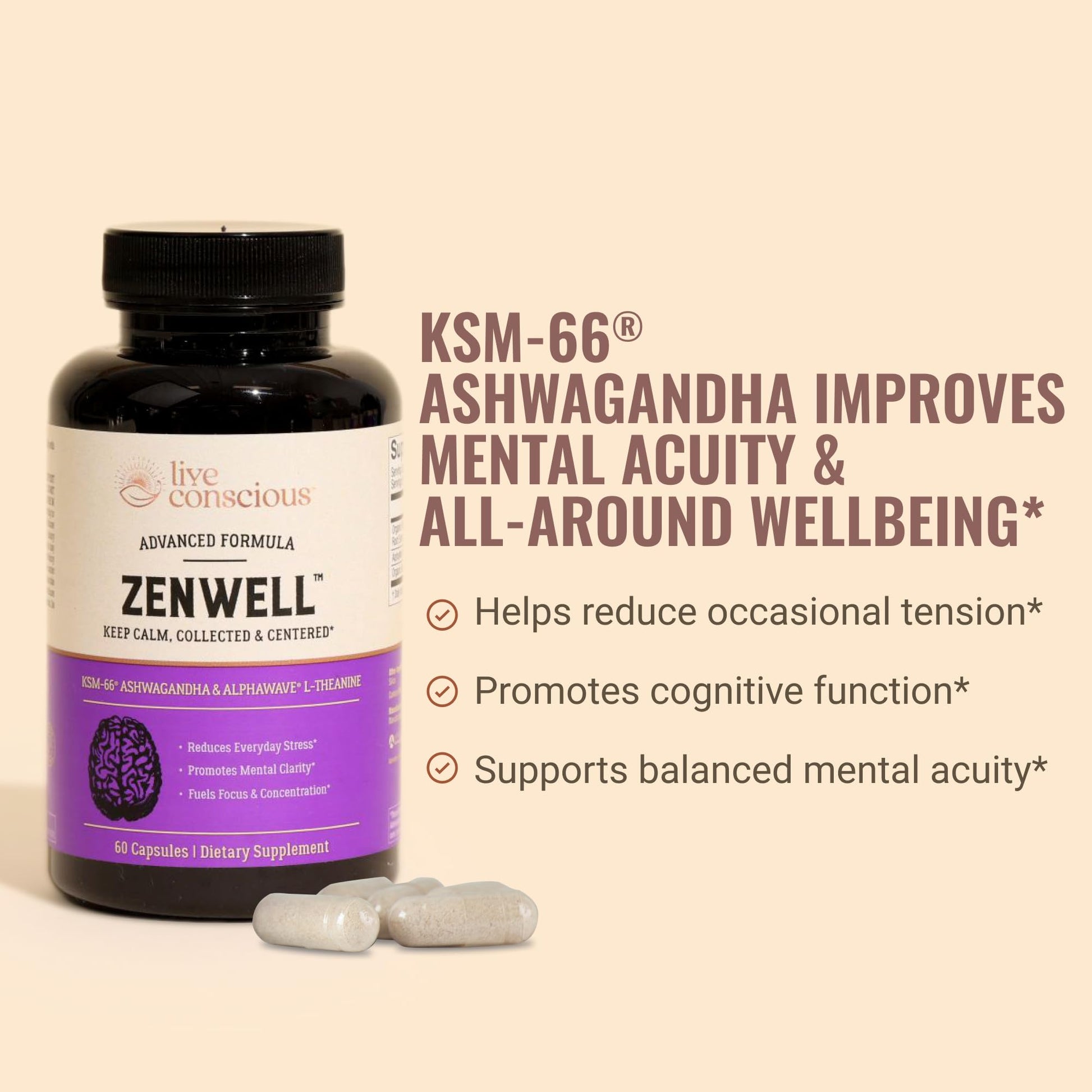 Live Conscious KSM-66 Ashwagandha Supplement w/L Theanine & AlphaWave - ZenWell Everyday Stress Relief, Cognitive, Brain Health - dailyvitalstore