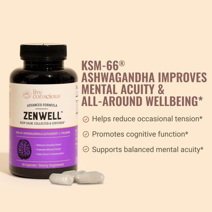 Live Conscious KSM-66 Ashwagandha Supplement w/L Theanine & AlphaWave - ZenWell Everyday Stress Relief, Cognitive, Brain Health - dailyvitalstore