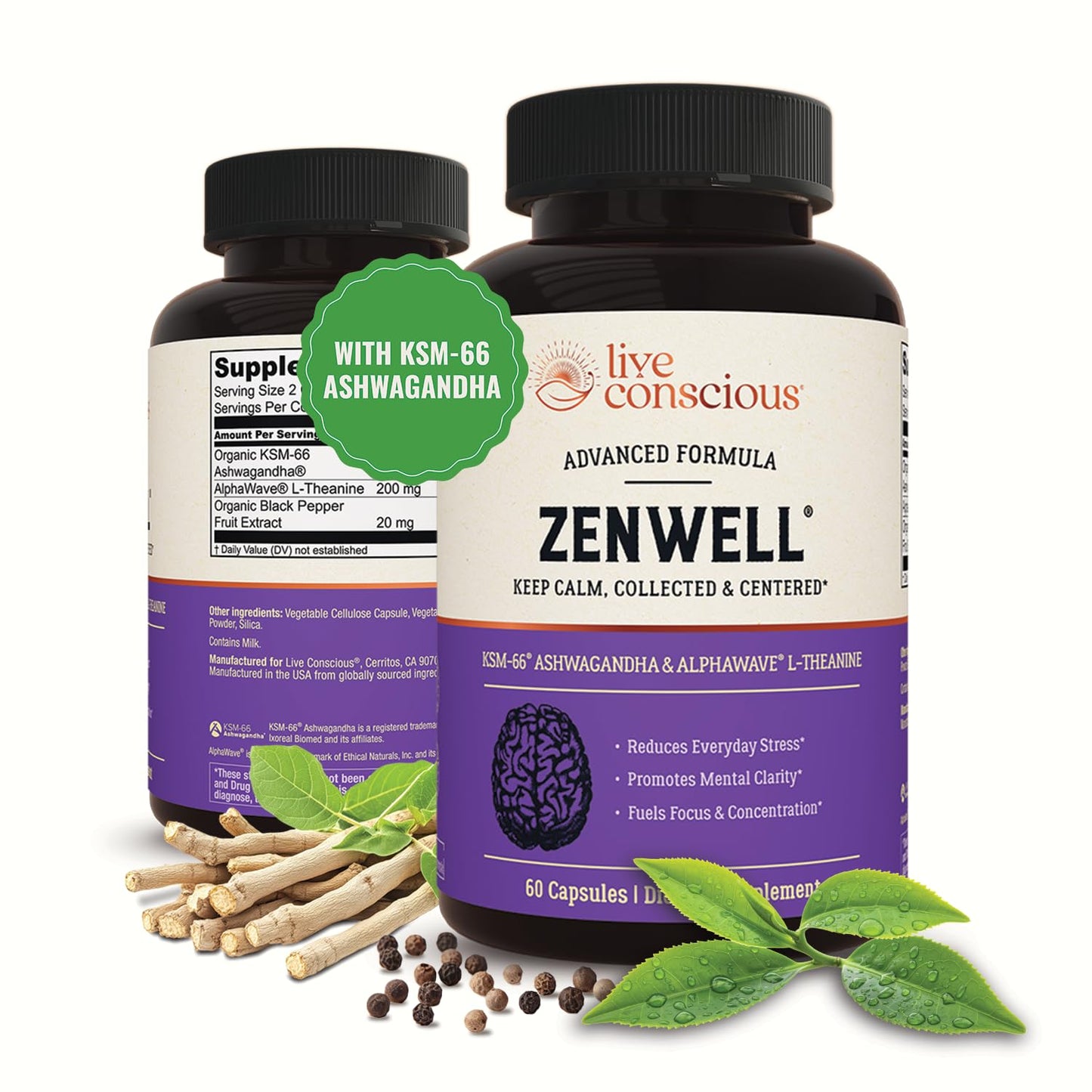 Live Conscious KSM-66 Ashwagandha Supplement w/L Theanine & AlphaWave - ZenWell Everyday Stress Relief, Cognitive, Brain Health - dailyvitalstore