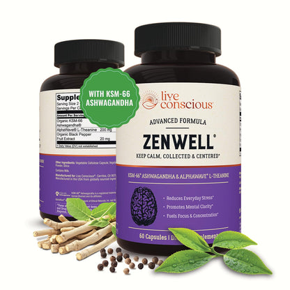 Live Conscious KSM-66 Ashwagandha Supplement w/L Theanine & AlphaWave - ZenWell Everyday Stress Relief, Cognitive, Brain Health - dailyvitalstore