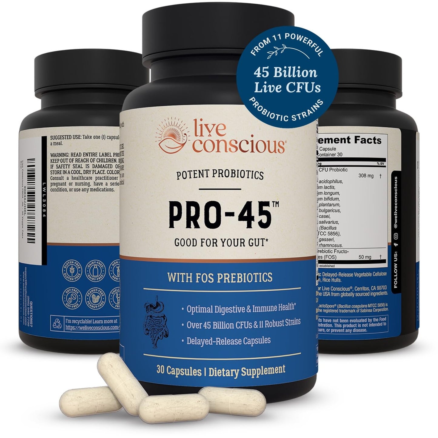 Live Conscious PRO45 Probiotics for Women & Men: Comprehensive Formula, 45 Billion CFU, 11 Strains, Dairy Free - w/Prebiotics and Probiotics - dailyvitalstore