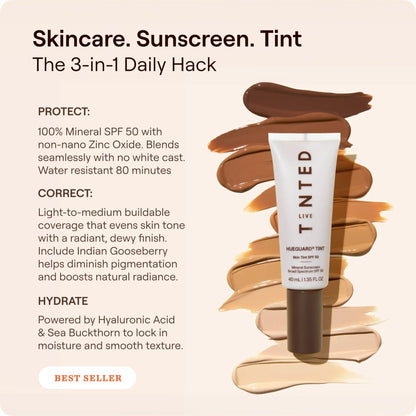 Live Tinted Hueguard Skin Tint SPF 50 - Tinted Mineral Sunscreen with Light-Medium Buildable Coverage With a Hydrating and Radiant Finish - Water and Sweat Resistant, 1.35 fl oz - Shade 10 - dailyvitalstore