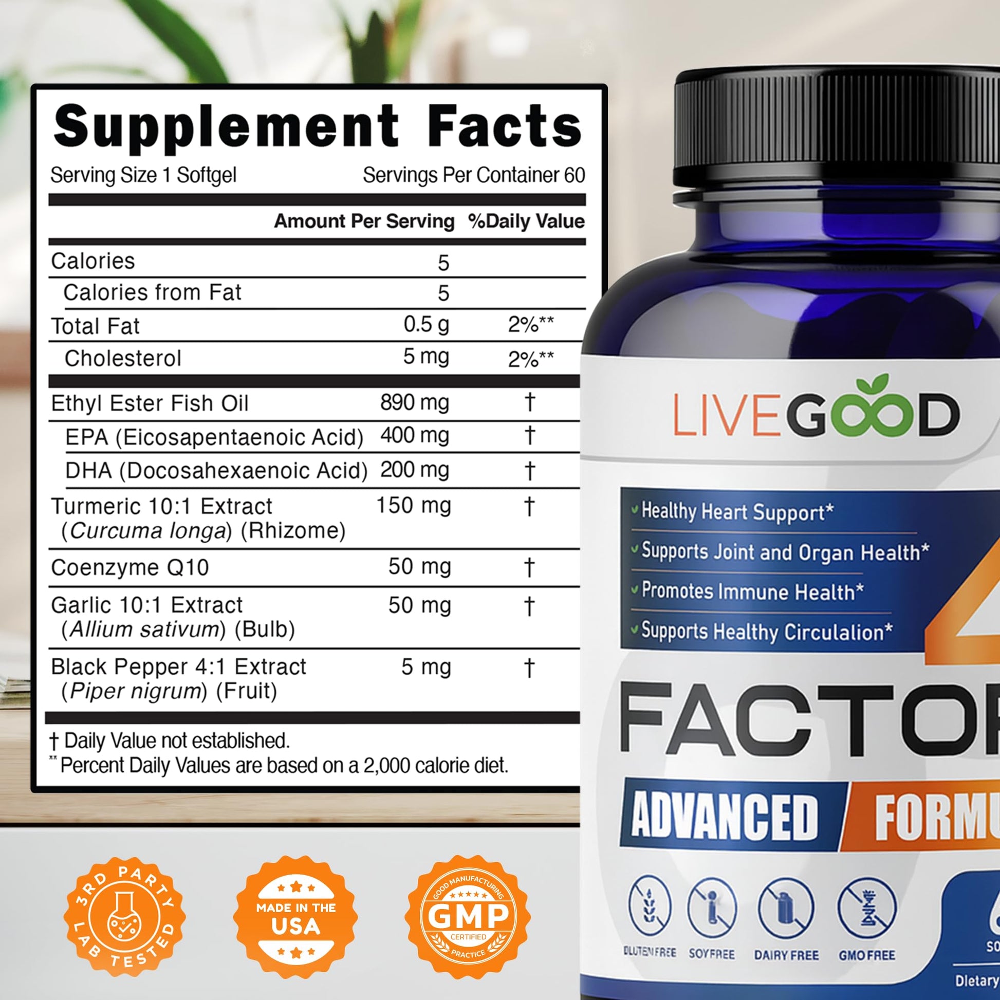 LIVEGOOD™ Factor 4, Omega 3 Fish Oil with EPA & DHA, CoQ10, and Turmeric, Advanced Q10 Coenzyme & CoQ10 Supplements, DHA Supplements for Heart, Joint & Immune Support, Made in USA, 60 Count, - dailyvitalstore