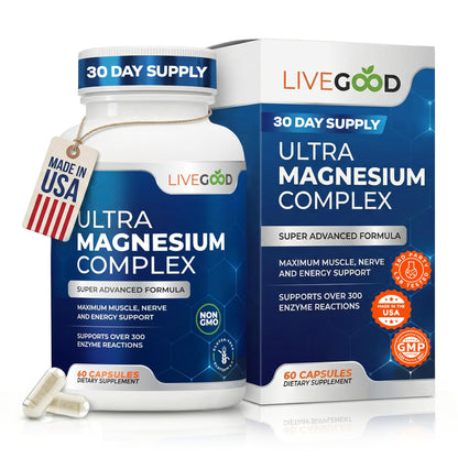 LiveGood™ Ultra Magnesium Complex, Organic Magnesium Glycinate and Gluconate for Muscle Recovery, Nerve Support & Relief – High Absorption Supplement, Vegan, Non-GMO, Made in USA, 60 Capsules - dailyvitalstore