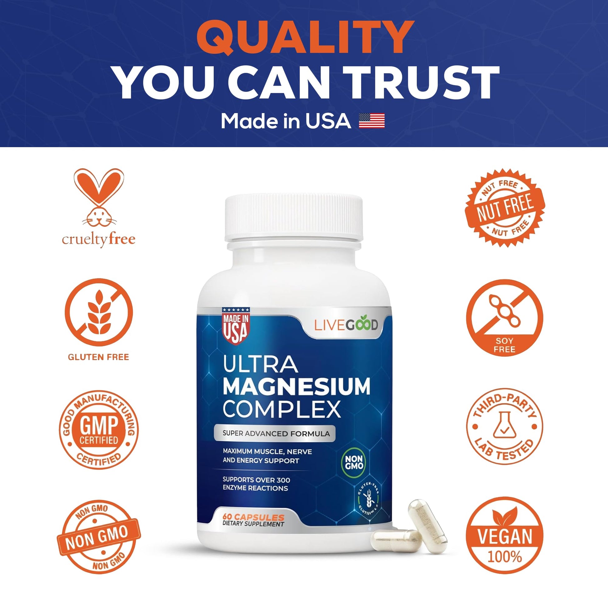 LiveGood™ Ultra Magnesium Complex, Organic Magnesium Glycinate and Gluconate for Muscle Recovery, Nerve Support & Relief – High Absorption Supplement, Vegan, Non-GMO, Made in USA, 60 Capsules - dailyvitalstore