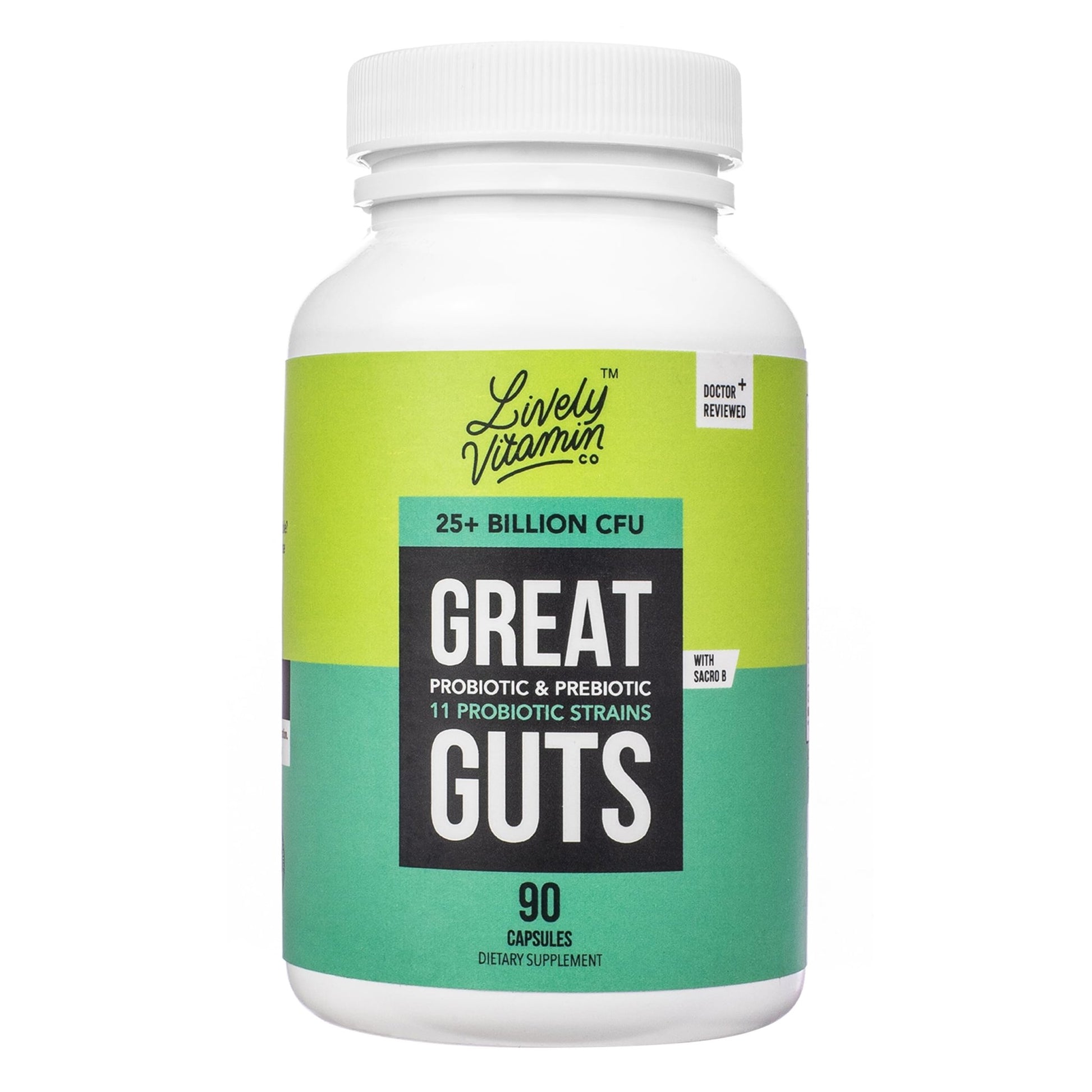 LIVELY VITAMIN CO. Great Guts Probiotic - 25 Billion CFU Probiotic - Balance Gut Microbiome, GI Tract, Inflammation, Indigestion, Reflux, Upset Stomach, & Diarrhea - 90 Caps - dailyvitalstore