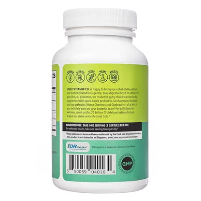 LIVELY VITAMIN CO. Great Guts Probiotic - 25 Billion CFU Probiotic - Balance Gut Microbiome, GI Tract, Inflammation, Indigestion, Reflux, Upset Stomach, & Diarrhea - 90 Caps - dailyvitalstore