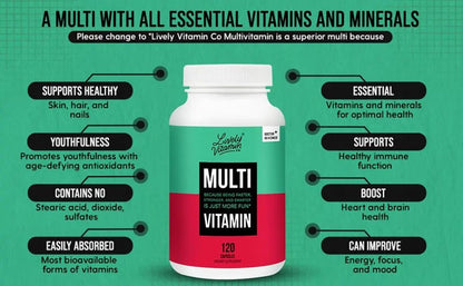 LIVELY VITAMIN CO. Multivitamin - 37 Vitamins Minerals and Extracts - Energy - Memory - Immune Function - Heart- Brain - Focus - Mood - Antioxidants - dailyvitalstore