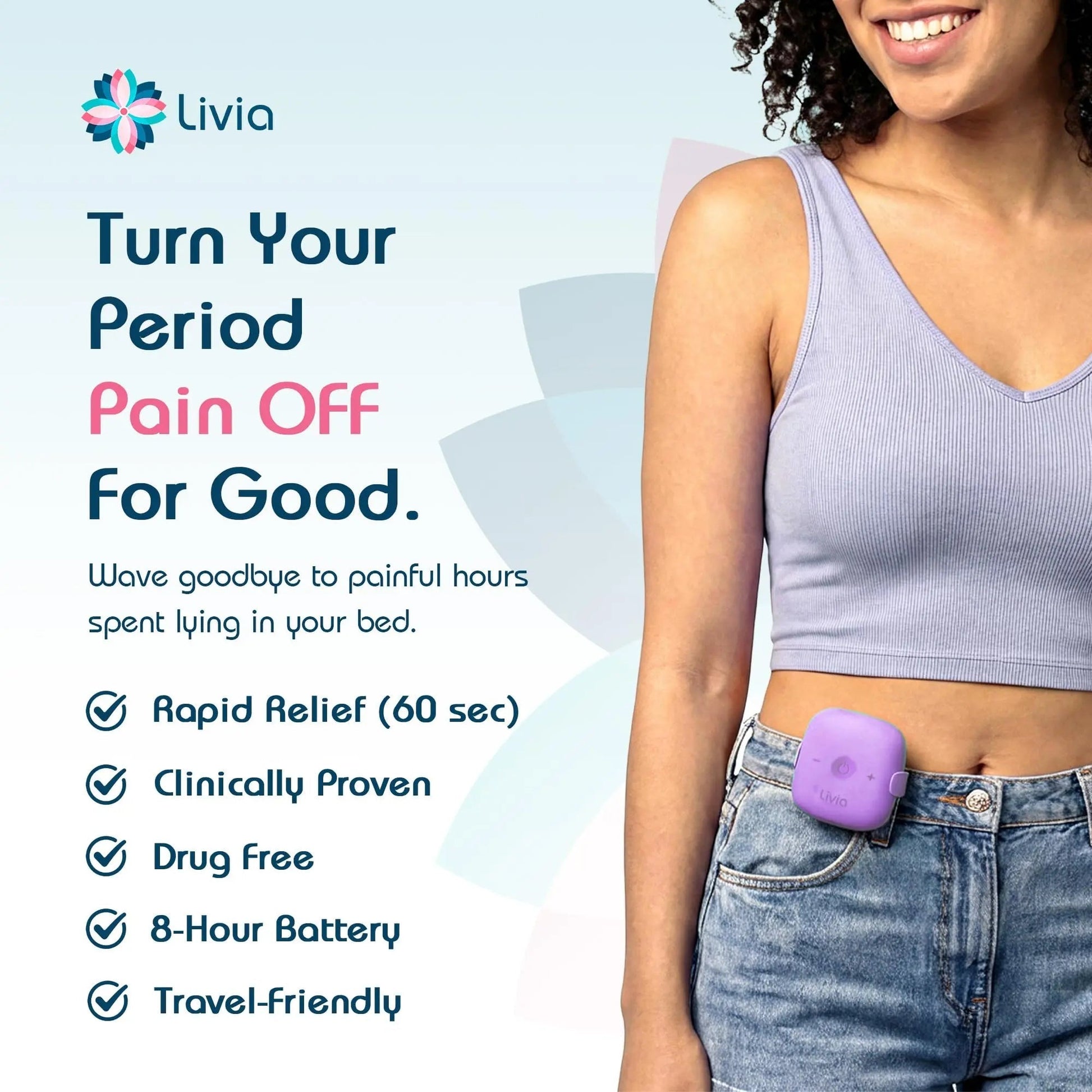Livia Menstrual Pain Relief Device, Lavender – Off-Switch for Period Pain – Portable & Discreet – Rechargeable, Up to 8 Hours Battery – Complete Kit with Stick-On Pads – The Go-to Travel Partner - dailyvitalstore