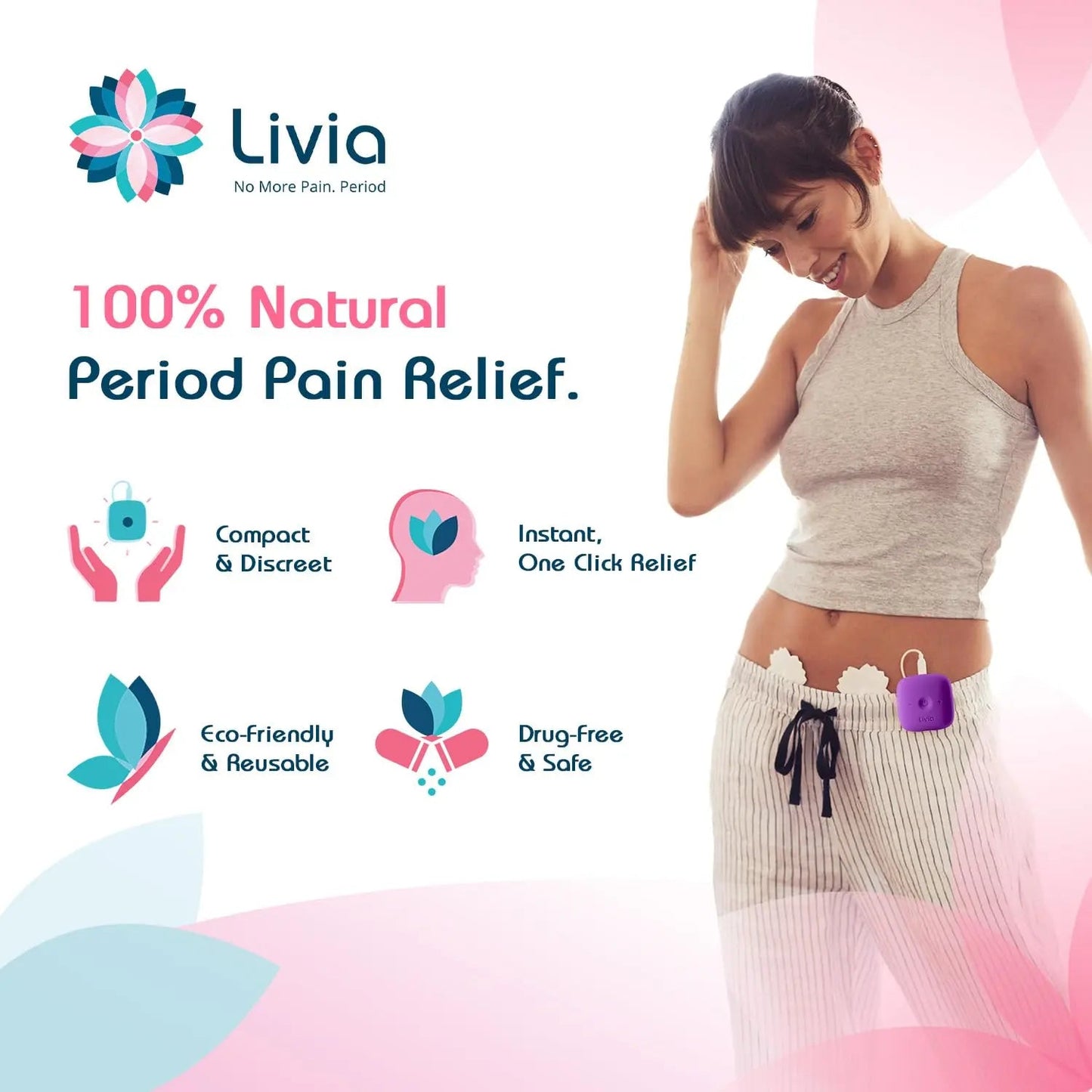 Livia Menstrual Pain Relief Device, Purple – Off-Switch for Period Pain – Portable & Discreet – Rechargeable, Up to 8 Hours Battery – Complete Kit with Stick-On Pads – The Go-to Travel Partner - dailyvitalstore