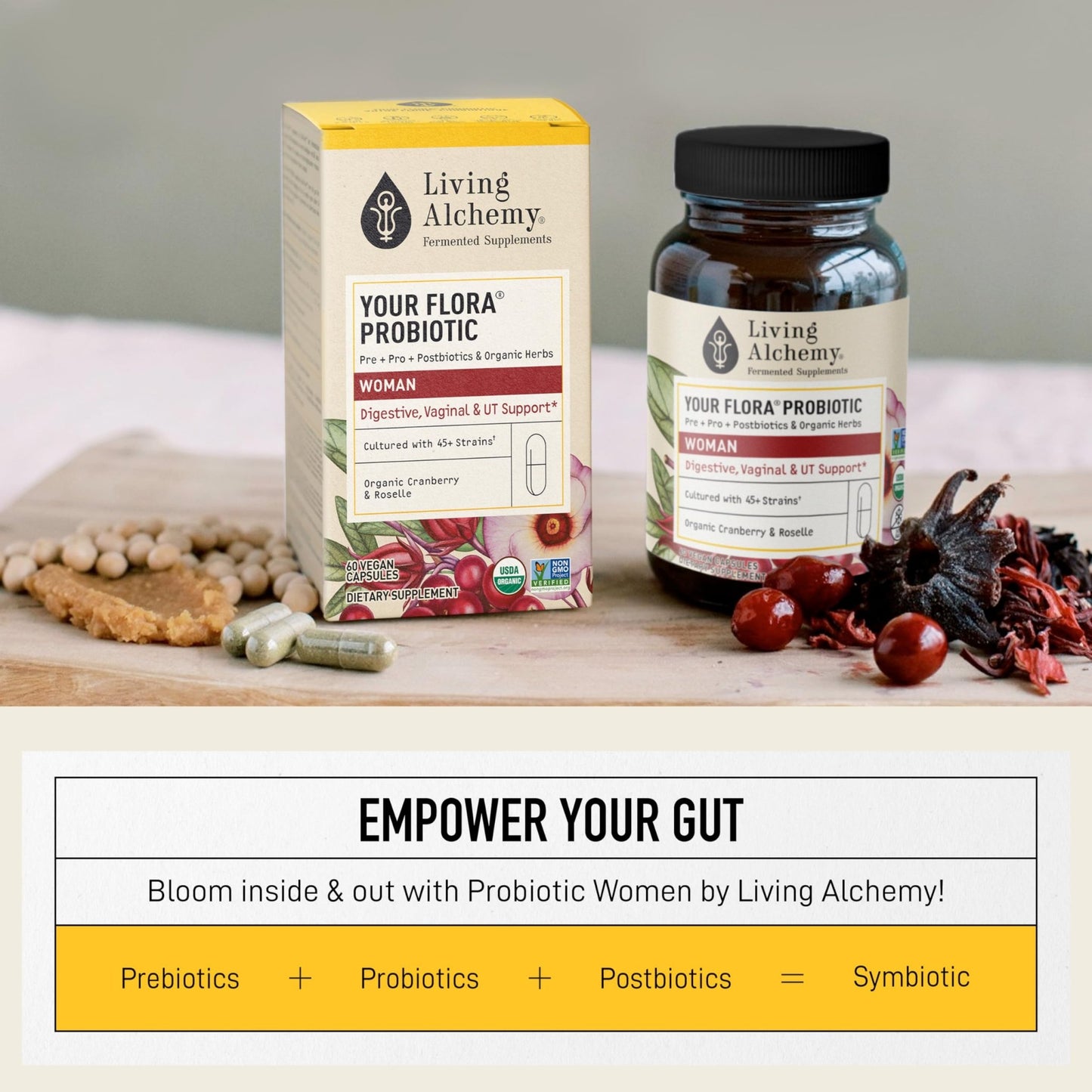 Living Alchemy Gut Health Supplements for Women - Your Flora Probiotics Women with Fermented Soybean, Cranberry Juice, Roselle, Prebiotics, Digestive Enzyme, & Probiotics - Vegan, Non-GMO, 60 Pcs - dailyvitalstore