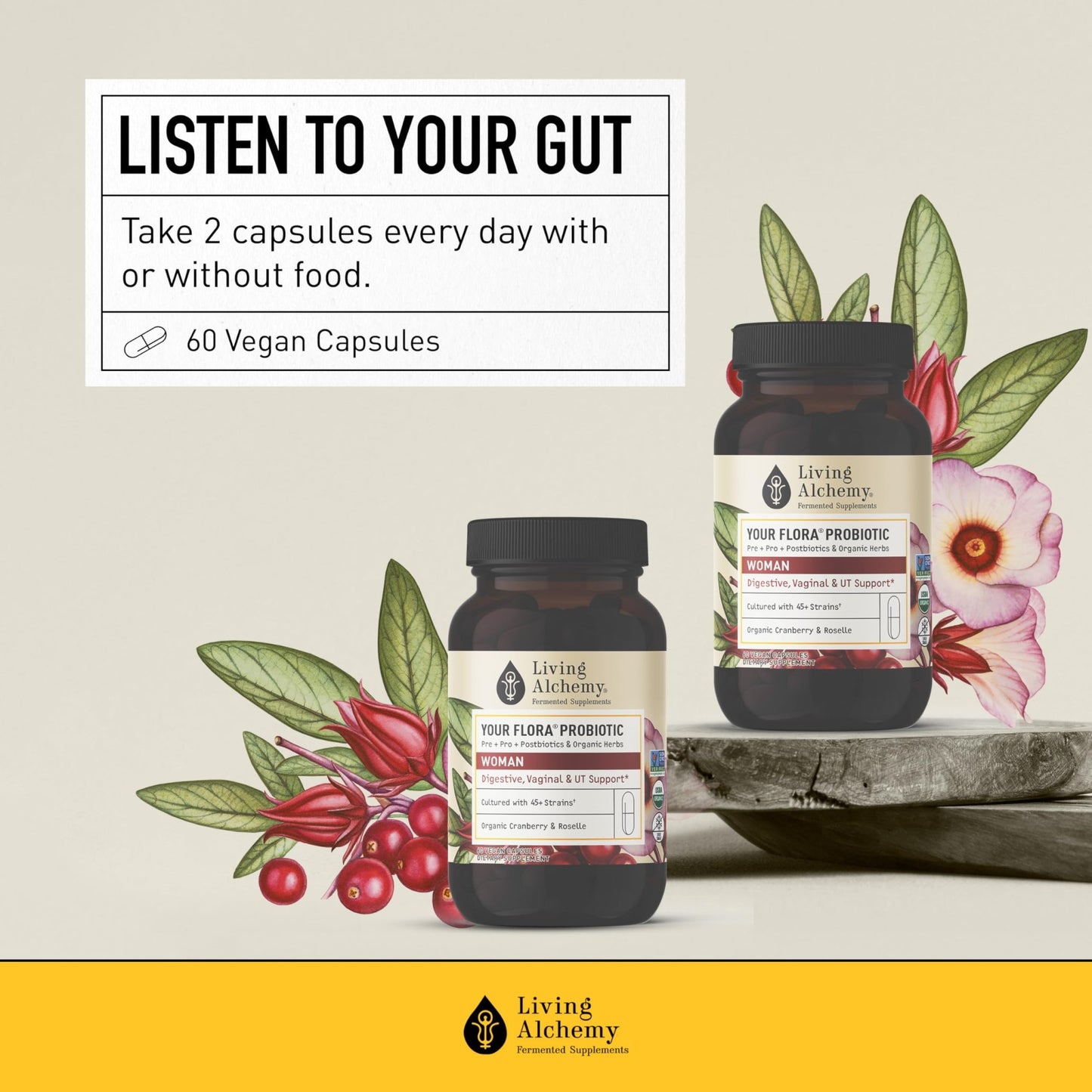 Living Alchemy Gut Health Supplements for Women - Your Flora Probiotics Women with Fermented Soybean, Cranberry Juice, Roselle, Prebiotics, Digestive Enzyme, & Probiotics - Vegan, Non-GMO, 60 Pcs - dailyvitalstore