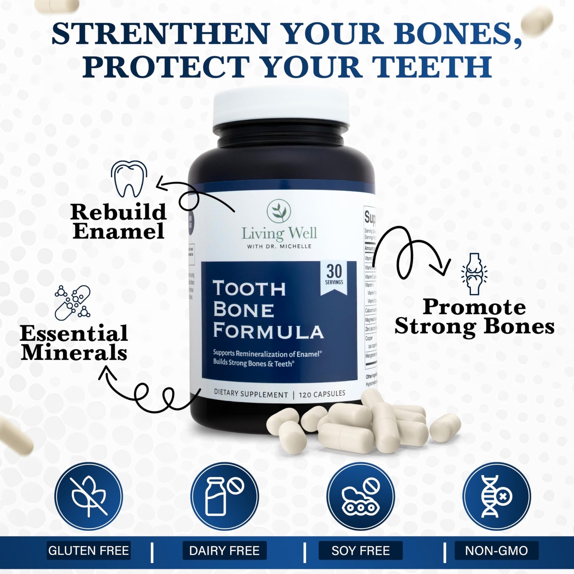 Living Well with Dr. Michelle Tooth & Bone Formula - Supplement with Calcium for Bone Strength & Tooth Enamel Support, D3 + K2, 120 Capsules, Non-GMO, Gluten-Free - dailyvitalstore