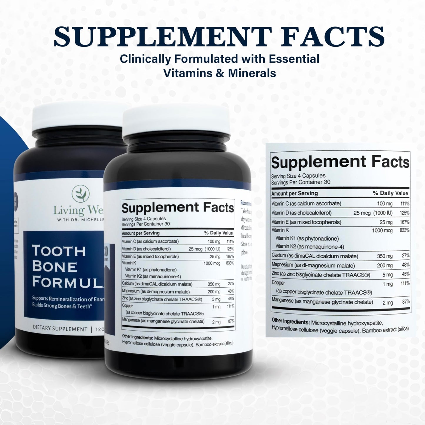 Living Well with Dr. Michelle Tooth & Bone Formula - Supplement with Calcium for Bone Strength & Tooth Enamel Support, D3 + K2, 120 Capsules, Non-GMO, Gluten-Free - dailyvitalstore