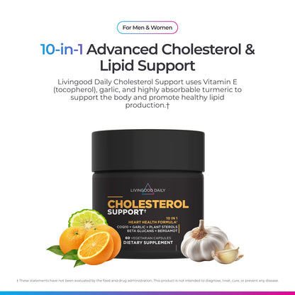 Livingood Daily Cholesterol Support Supplement with Garlic, CoQ10, Vitamin E, Bergamot, Plant Sterols for Body and Heart Health Support, Supports LDL and Triglycerides, Gluten Free, Vegan, 60 Capsules - dailyvitalstore