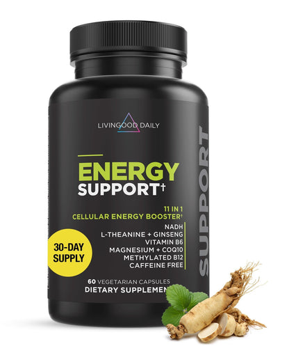 Livingood Daily Energy Support, 11-in-1 Supplement with Magnesium, Vitamin B6, B12, Amino Acids, L Carnitine, CoQ10, Ginseng & L Theanine, Supports Natural Energy for Men & Women, Vegan, 60 Capsules - dailyvitalstore