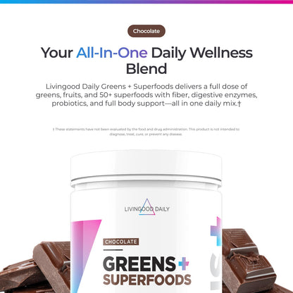 Livingood Daily Greens & Superfood Powder, Super Greens for Gut Health, Green Juice Powder with Spirulina, Chlorella, and Digestive Enzymes, Probiotics for Digestive Support, Chocolate, 30 Servings - dailyvitalstore