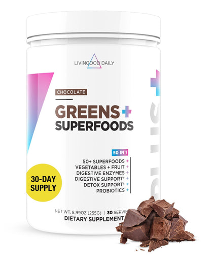 Livingood Daily Greens & Superfood Powder, Super Greens for Gut Health, Green Juice Powder with Spirulina, Chlorella, and Digestive Enzymes, Probiotics for Digestive Support, Chocolate, 30 Servings - dailyvitalstore