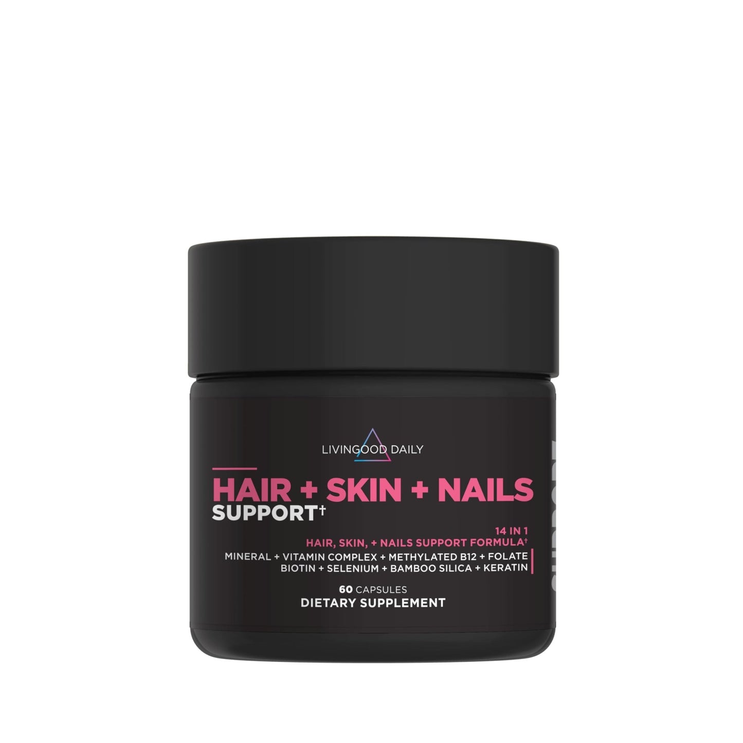Livingood Daily Hair, Skin & Nails Supplement, 14-in-1 Formula with Biotin, Collagen, Keratin, Bamboo, Selenium, Folate, B12, Zinc and More, Beauty Supplement for Women & Men, Gluten Free, 60 Capsules - dailyvitalstore